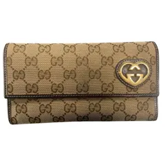 ♪4152 GUCCI グッチ グッチ GUCCI 長財布 GGキャンバス ラブリーハート ベージュ ブラウン ゴールド レディース 中古 251861