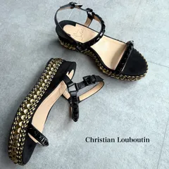 美品 ルブタン Christian Louboutin カタクロウ ウェッジソール サンダル スタッズ ストラップサンダル スエード ブラック ゴールド 37 レディースシューズ 24cm