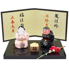[인기 상품] 만고야키 입상 인테리어 오브제 탁상 장식 2월 고양이 절분 히나마츠리 히나마츠리 흰 고양이 검은 고양이 방 장식 현관 장식 입상 미니 컴팩트 일본제 18702