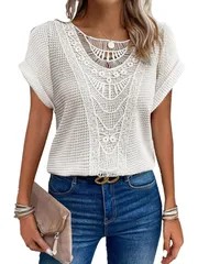 【オフホワイト】トップス レディース レース調 半袖 レース 透かし編み 透け感 きれいめ カジュアル ゆったり 涼しい 夏