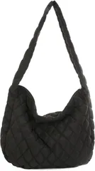 Queen-b キルティング ショルダーバッグ レディース トートバッグ 斜めがけ ファスナー付き かわいい ふわふわ シンプル おしゃれ 軽い 大容量 旅行 お出かけ (ブラック)