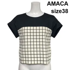 ◇ アマカ AMACA プルオーバーブラウス シャツ 半袖 格子柄 ラウンドネック 黒 アイボリー バイカラー 38 M 9号 レディース S6D456のサムネイル