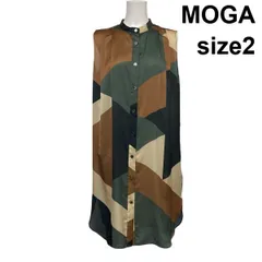 ◇ モガ MOGA シャツワンピース ロングチュニック ミディ丈 ノースリーブ スタンドカラー ブロックプリント 2 M 9号 レディース S6D460のサムネイル