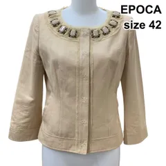 ◇ エポカ EPOCA ノーカラージャケット 7分袖 クルーネック  ビジュー装飾  フリンジ ベージュ 麻混 42 L～XL 13 レディース Z6B828のサムネイル