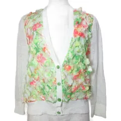 ユキトリイ YUKI TORII 転写カーディガン リネンニット プリント 9分袖 花びら風 Vネック 38 M相当 ベージュ系 /X