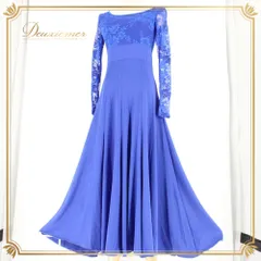 社交ダンス 衣装 ドレス ワンピース スタンダード ブルー系 青 レース 花柄 上品 華やか エレガント ダンスパーティー 長袖 パーティドレス ステージ衣装 発表会 レディース オールシーズン ボールルームダンス ソシアルダンス スタンダードドレス ブルー