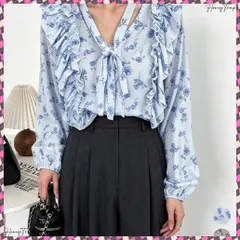 送料無料 フリル花柄シャツブラウス リボンタイ付き ブラウス Vネック 大人可愛いトップス レディース きれいめブラウス お洒落 着やせトップス 大人女性 前開きトップス 薄手ブラウス韓国風 30代40代春秋服 通勤 長袖ブラウス