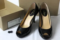 H14【美品】Cole Haan コールハーン パンプス 7 1/2B 24.5cm 黒 ブラック エナメル オープントゥ パテント NIKE AIR ★美品★