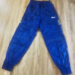 asics ナイロンパンツ M ブルー 裾ファスナー 裾リブ ロゴ刺繍 美品