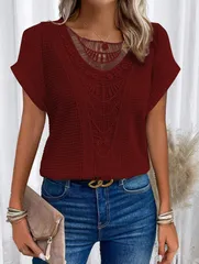 【ワインレッド】トップス レディース レース調 半袖 レース 透かし編み 透け感 きれいめ カジュアル ゆったり 涼しい 夏