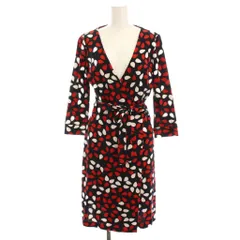 ダイアンフォンファステンバーグ DIANE von FURSTENBERG ラップ ワンピース ひざ丈 総柄 シルク混 七分袖 4 赤 レッド 黒 ブラック 白 /YM