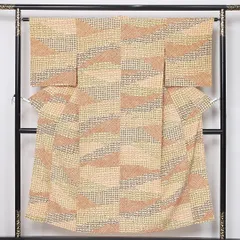 小紋 単衣 身丈151cm 裄丈63cm 正絹 Sランク Sサイズ 広衿 インフォーマル 梅鉢 花菱 黄の混ざったベージュ系 HP 1221-12174