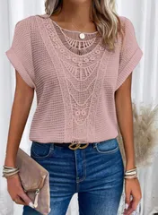 【ピンク】トップス レディース レース調 半袖 レース 透かし編み 透け感 きれいめ カジュアル ゆったり 涼しい 夏