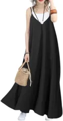 CALM.st キャミソールワンピース レディース ロング きれいめ ゆったり aライン 服 フレア マタニティ キレイめ かわいい シンプル お呼ばれ 結婚式 お宮参り パジャマ ルームウエア (ブラック,  3XL)