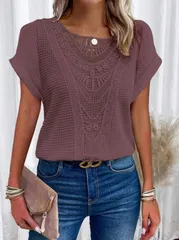 【パープル】トップス レディース レース調 半袖 レース 透かし編み 透け感 きれいめ カジュアル ゆったり 涼しい 夏