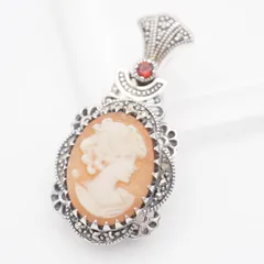 V603 シェルカメオ ガーネット 925刻印 ペンダント トップ 女性横顔 マーカサイト マルカジット デザイン シルバー チャーム ヘッド