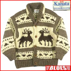 カウチンセーター kanata ニット XL 茶 ベージュ 鹿 トナカイ メープルボタン カナダ製 カナタ ウール ハンドニット カウチンセーターサイズXL一覧←SEULB屋着古← HN2397のサムネイル