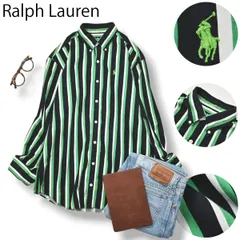90sヴィンテージ ラルフローレン Ralph Lauren 長袖 ストライプ柄 ボタンダウン B.D. シャツ 170 ブラック 黒 x グリーン 緑 x ホワイト 白 メンズ