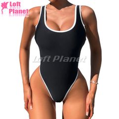 Sexy one-piece swimsuit, thong style, Brazilian-style, padded, black with white trim, women's swimwear, SW260415