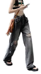 [kanaelun] デニム レディース ストレート ダメージ ウォッシュ 調整 ジーパン ジーンズ 足長 ハイウエスト 可愛い 腰高 着やせ 体型カバー ワイド ゆったり カッコイイ クラッシュ ハイライズ バギー タック Gパン オー [ブラック] [L]