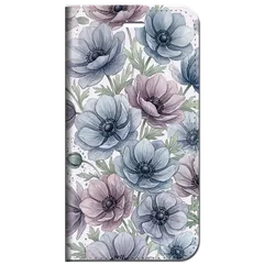 iPhone対応 スマホ 手帳型ケース アネモネ 水彩 花柄 ダスティブルー ペールライラック くすみカラー ボタニカル 水彩画 大人可愛い 透明感 清楚 【iPhone17 / iPhone16 他 iPhone各機種対応】 |iaspfb04