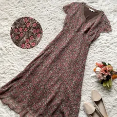 Laura Ashley　ローラアシュレイ　シルク100%フラワープリントロングワンピース　花柄　半袖　13 大きいサイズ　茶色