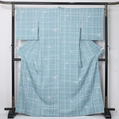 小紋 袷 身丈167cm 裄丈65cm ポリエステル 洗える着物 Sランク インフォーマル 広衿 XLサイズ 格子 笹 レトロ 可愛らしい 水色系 HP 1221-12392