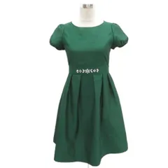 ボンメルスリー BON MERCERIE パーティードレス ワンピース ひざ丈 半袖 36 S グリーン パフスリーブ ビジュー装飾 リボン /SY11 ■ECB003