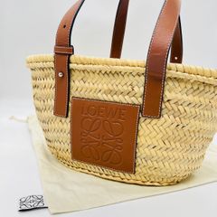 美品 ロエベ バスケットバッグ スモール ラフィア×レザー ベージュ