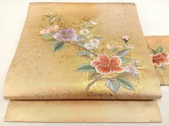 平和屋着物◎九寸名古屋帯　総刺繍　枝花文　金彩　引箔　正絹　逸品　BAAX4053qw