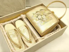 平和屋着物▼和装小物　和装バッグ・草履セット　金鷲本舗 東京謹製 キンワシ印　ハンドバッグ　花柄　螺鈿箔　金彩　逸品　AABH6710ay