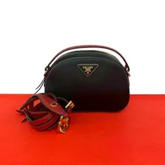 極 美品 希少品 PRADA プラダ 三角ロゴ 金具 サフィアーノ レザー 本革 2way ハンドバッグ ショルダーバッグ ブラック レッド 92483