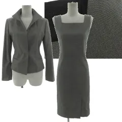 アンタイトル UNTITLED ワンピーススーツ ジャケット 立ち襟 シングル 1B ノースリーブワンピース スクエアネック ひざ丈 裾スリット 日本製 コットン混 バーズアイ柄 ブラック 黒 ホワイト 白 2 1