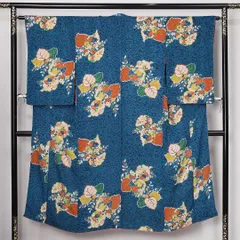 アンティーク 小紋 袷 身丈146cm 裄丈63cm 正絹 Aランク バチ衿 XSサイズ 桐 牡丹 古典的 大正ロマン 青系 M4 1221-12545