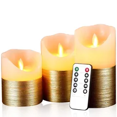 【在庫セール】LED ロウソク 電池式キャンドル ゴールド 本物の炎のようにゆらめく3点セット 暖色光 火を使わない ゆらゆら揺れる 安全 省エネ 専用リモコン付き 明るさ調整 LEDライト キャンドル