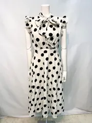 2655 Tika ティカ キャバクラ ドレス ドット柄 フリル リボン ロング ノースリーブ キャバドレス M