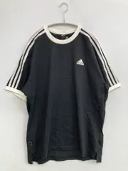 adidas アディダス Tシャツ/カットソー L ブラック ワンポイント ブランドロゴ ライン柄 ミドル丈 半袖 クルーネック(丸首)