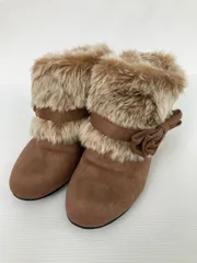 ブーツ 3L ブラウン スエード フェイクファー 無地 リボン ラウンドトゥ ショート ムートン・ボア 紐なし フラット プレーントゥ