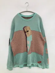 ニット/セーター S グリーン コットン ボーダー柄 前面プリント ミドル丈 長袖 クルーネック(丸首)