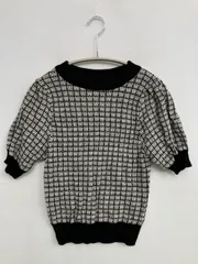ニット/セーター L ブラック ニット その他総柄 ショート丈 半袖 クルーネック(丸首)
