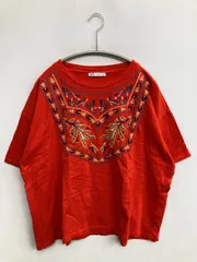 ZARA ザラ Tシャツ/カットソー USA XL レッド 無地 刺繍 半袖 ショート丈 クルーネック(丸首)
