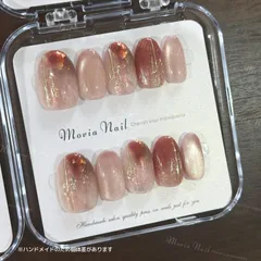 PK No.1174【ショートオーバル】ピンクレッドマグネット日常シンプルマーブルニュアンス量産型地雷系ネイルチップ現品