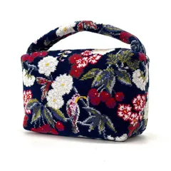 【花を纏う静かな余韻】　FEILER × KEITA MARUYAMA　ミニハンドバッグ 総柄 花 鳥 ボタニカル 和装 フェイラー ケイタマルヤマ　ネイビー