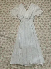 ヴィンテージ 白 プリーツ Vネック リボン ONE PIECE 1089 森ガール y2k ストリート