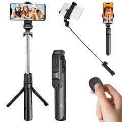 【在庫処分】自撮り棒 三脚 Bluetooth セルカ棒 軽量 リモコン付き GoPro 三脚 スマホミニ三脚5段階伸縮 360°回転 遠隔撮影 無線 折りたたみ コンパクト 持ち運び便利 iPhone/Androidなどスマホカメラに対応（ブラック）のサムネイル