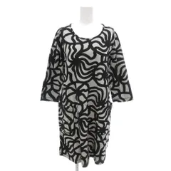 マリメッコ marimekko ワンピース ひざ丈 M 黒 ブラック グレー 抽象柄 ラウンドネック 七分袖 /NL ■GY61