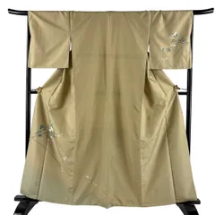 【美品】 訪問着 身丈161.5cm 裄丈67.5cm L 袷 紬地 枝花 桜 薄茶色 正絹 秀品 【中古】のサムネイル