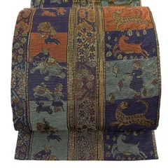 【美品】 袋帯 逸品 誉田屋源兵衛 落款 動物 人物 金銀糸 箔 青紫 六通 正絹 【中古】