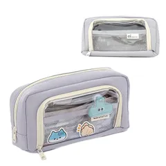 【新品】 [ミラシック] クリアポケット ペンケース 大容量 自立型 4ポケット 透明窓 かわいい シンプル マルチポーチ 筆箱 文房具ケース 小物収納 洗面ポーチ コスメポーチ ケーブル収納 入学祝い 中学生 高校生 女の子 男の子 男女兼用 くすみカラ 1