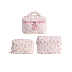 【新品】 Aylashine 化粧ポーチ トイレタリーバッグ 大容量 化粧品収納 小物収納 レディース ハンドバッグ お出かけ用、旅行用 可愛い 実用的 おしゃれ 蝶結び (3点セット) -ホワイト・ピンク 1